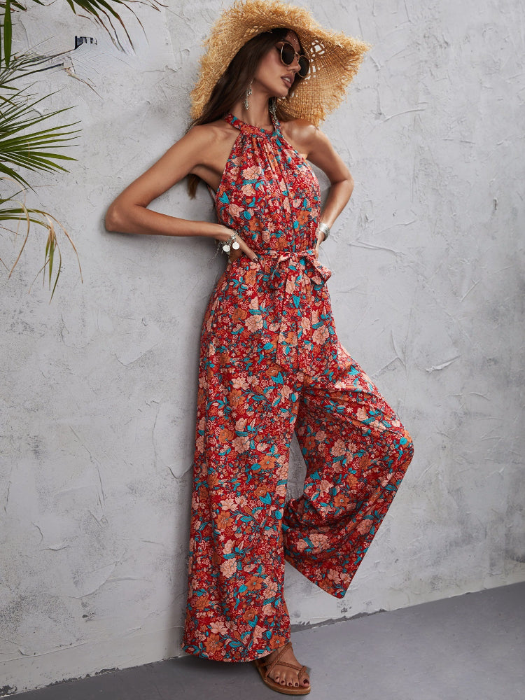 Print Hanging Neck Sleeveless Casual Tube Wide Leg Jumpsuit