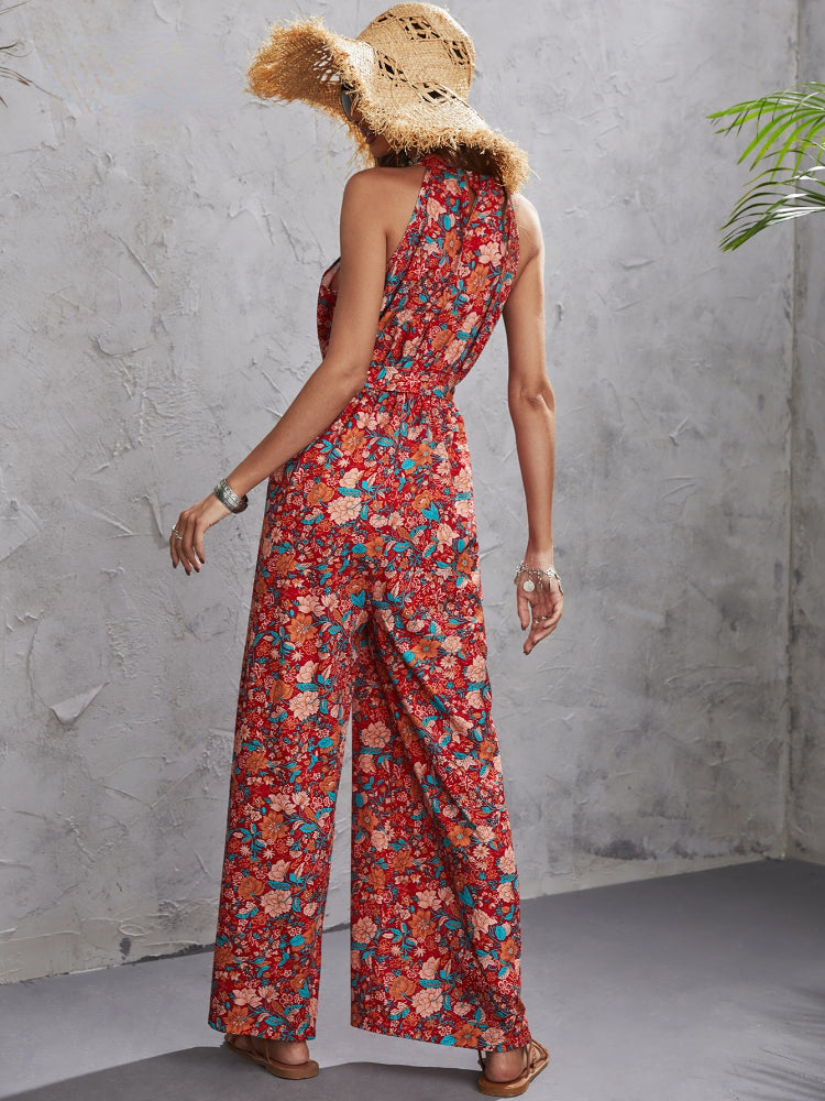 Print Hanging Neck Sleeveless Casual Tube Wide Leg Jumpsuit